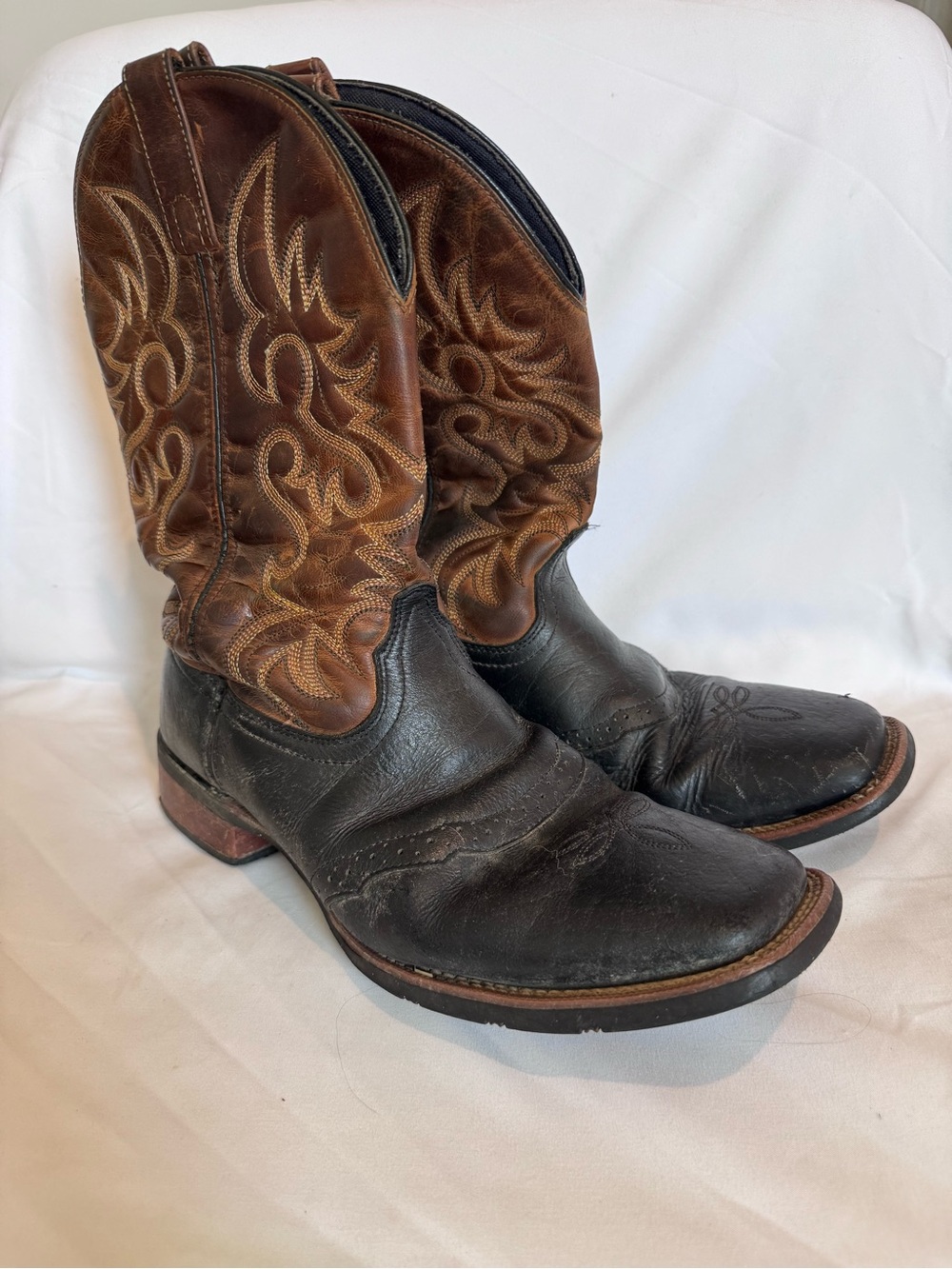 Laredo Cowboy Boots Men 11D Brown & Black Leather Western Embroidered Pull On